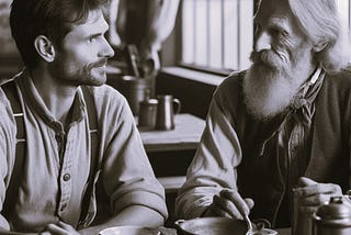 A monochrome rendition of a man in his 30s and another man in his 70s having lunch at an old mining town diner in 1880.