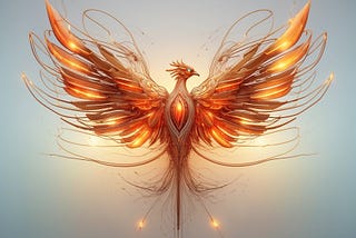 An intricate and radiant phoenix in mid-flight, with shimmering golden-orange wings unfurled against a soft blue background. The phoenix’s body glows with an inner light, and its feathers appear to be made of delicate, flowing filaments.