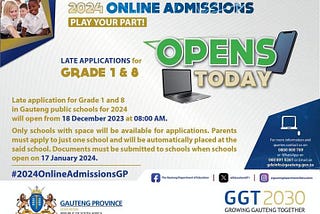 Last chance for 2024 Gauteng Grade 1 and 8 Admissions