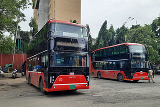 2 electric double decker buses at backbay depot, mumbai