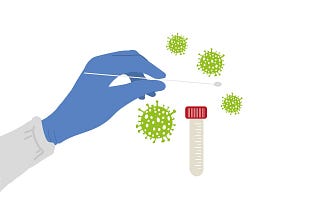 Image of a gloved hand with a nasal swab and a sample tube surrounded by virus molecules
