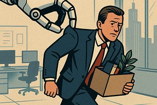 IMAGE: A robotic arm grabs a surprised businessman by the shoulder, dragging him out of a modern office while he clutches a cardboard box of personal items