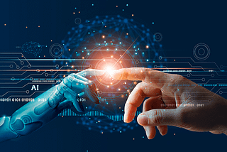 The image depicts a visual metaphor for the intersection of artificial intelligence (AI) and humanity. A robotic hand and a human hand are shown touching, reminiscent of the famous painting “The Creation of Adam,” symbolizing the connection between technology and humans. Surrounding the hands are digital graphics and symbols suggesting the transfer of knowledge or interaction between AI and human beings, highlighting the notion that technology is becoming an extension of human capability.