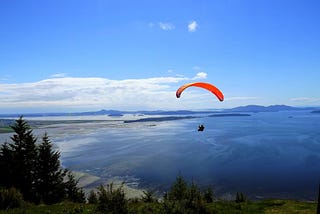 paraglider flying over trees and water clearing their mind