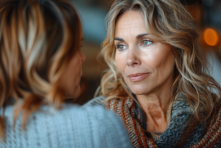 two women talking, one looking concerned and forgiving.