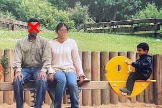 Childhood photo of the author sitting on a see-saw with his parents (Faces blurred for privacy reasons)