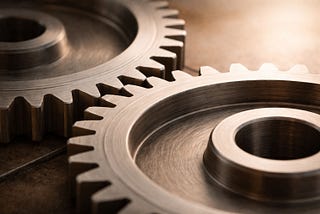 Close-up of two metal gears with brushed surfaces perfectly aligned, their teeth interlocking smoothly under soft, warm lighting, set against a minimal, blurred industrial background.