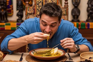 white man in West Africa eating fufu with his hands