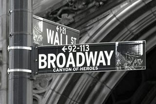 This is a black and white street sign a the corner of Broadway and Wall Street in New York City.