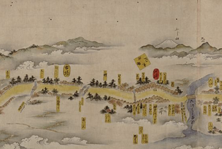 Japanese scroll map depicting the Tōkaidō Highroad between the cities of Edo (Tokyo) and Kyoto
