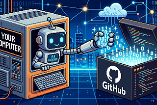 A box marked “YOUR COMPUTER” with an AI agent reaching across to a box marked GitHub and grabbing a handful of 1s and 0s