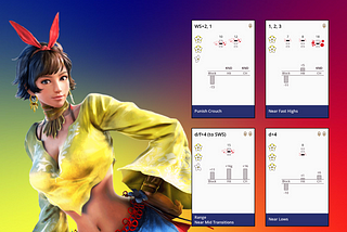 Josie Rizal from Tekken 7 beside 4 cards I designed as part of the Tekken project.