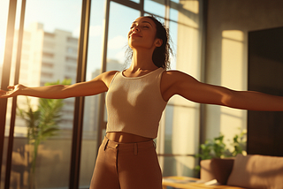 A woman stands in a sunlit loft, arms wide open, eyes closed, and smiling, embracing the morning light.