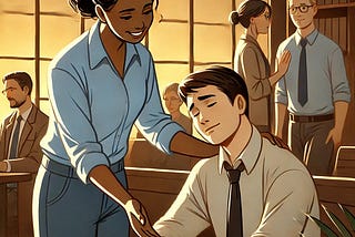 Woman showing man compassion an office setting.