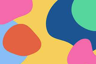 Abstract graphic image of large blue, green, pink, and orange blobs on a yellow background.