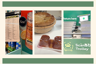 Three pictures depicting a shopping directory, a ketchup package and the scan and go trolley from the supermarket