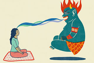 girl meditating with demon-like figure