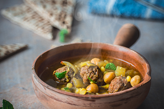 Moroccan Merguez, Chickpea, and Couscous Soup