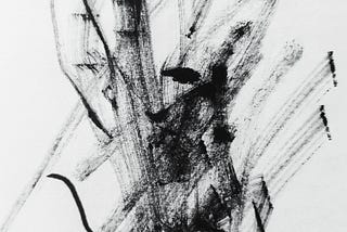 Contemporary art: graphic of black ink smeared in thin abstract lines over white background.