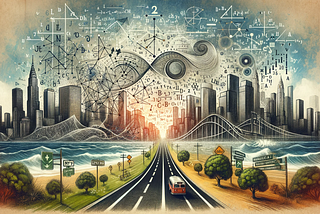 The artistic representation of the concept ‘Understanding the mathematics of Large Language Models (LLMs)’, visualized as a metaphorical journey from New York City to Los Angeles. This image symbolizes the complexity and interconnectedness of mathematical concepts in LLMs, intertwined with elements of a cross-country journey.