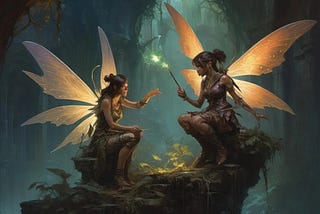 Two dark-skinned fairies in a forest trying a spell.