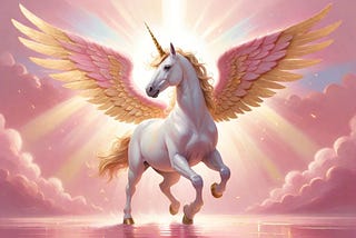 Unicorn with gold and pink wings with a light glowing in the background