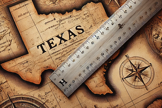 Antique map of Texas in tan tones overlaid with a silver metal ruler.