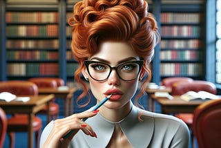 A female librarian sits with a pencil in her mouth in a library