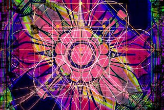 An abstract picture of a flower with geometric circles and lines superimposed on top of it. The color palette leans toward “cool” colors.