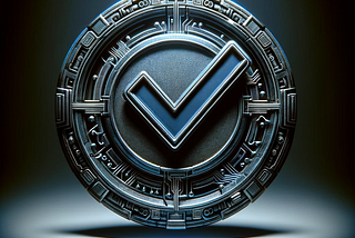 a verification badge, rendered in a dark, dystopian style, convey the themes of power, control, and surveillance associated with digital verification