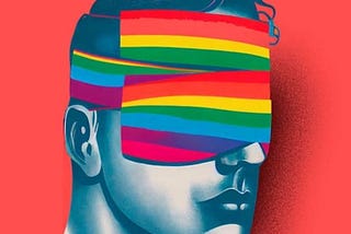 illustration of guy with rainbow-striped bandages over his eyes. detail from the book cover of GAY SHAME