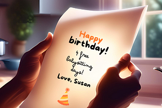 Hands hold a certificate that says, “Happy birthday, 4 free babysitting days, Love, Susan