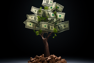 A photorealistic image which shows a tree where most of the leaves are $10 bills. The tree is in front of a black background and the tree is growing out of what looks like oversized mulch.