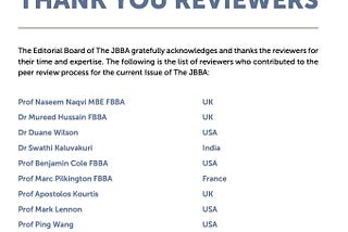 Announcing the Contributors to the 13th Issue of The JBBA: A Thank You to Our Reviewers
