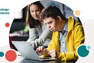 Photo of a student with Down Syndrome working on a laptop with an adult beside them. Center on Inclusive Technology & Education Systems logo.