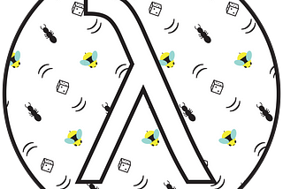 A sticker awarded to CS61A students. Includes a lambda symbol, a patterned background consisting of bees, ants, and dice.