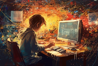 AI generated artwork of young person at a computer with colors swirling around