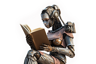 An android reading a book. (Created using MidJourney)