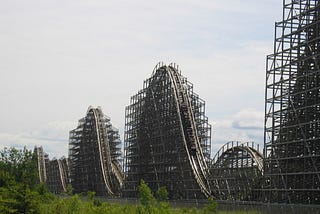 A long view of the hills of the Shivering Timbers roller coaster at Michigan’s Adventure.