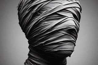 black & white image of a head completely wrapped in bandages like a mummy