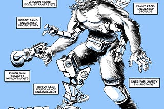 A comic book style black and white digital sketch of a monster. The monster is an ugly, loose amalgamation of disparate body parts and superfluous features, like four arms, a unicorn horn, and a fanny pack for increased storage.