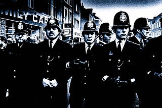 High-contrast, black-and-white photograph of a row of British police officers forming a barrier.