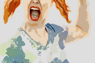 Angry woman with fiery red hair, glaring eyes, & raised fist.