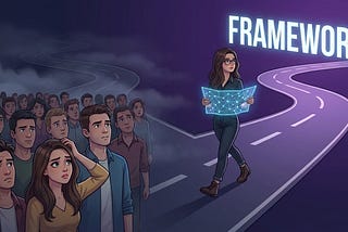 A confident woman holding a glowing framework map stands at the front of a crowd facing a door labeled ML Interview, while others look confused behind her