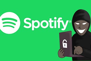 Spotify logo and wordmark with an image of a grinning hacker using a laptop