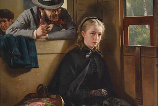 A painting of a teary-eyed young woman dressed in all black being pestered by a smiling man on the train.