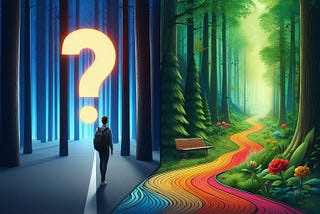 A split-screen image design. On the left side, there is a person walking on a straight, paved path surrounded by tall, dark trees. The person looks bored and uninspired. Yet, On the right side, there is a winding, colorful path through a lush, vibrant forest. The person looks curious, engaged, and excited.