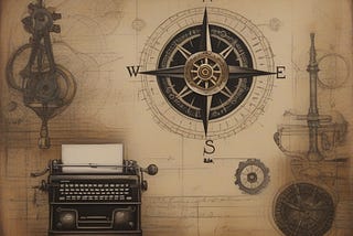 An antique typewriter over a sepia background with a huge compass in the middle