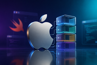 Realistic 3D render of Apple and Swift logos with layered container icons on a gradient indigo-to-teal background, symbolizing native container isolation on macOS.