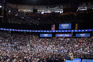 Vice President of the United States Kamala Harris speaking at a campaign rally at Desert Diamond Arena in Glendale, Arizona.